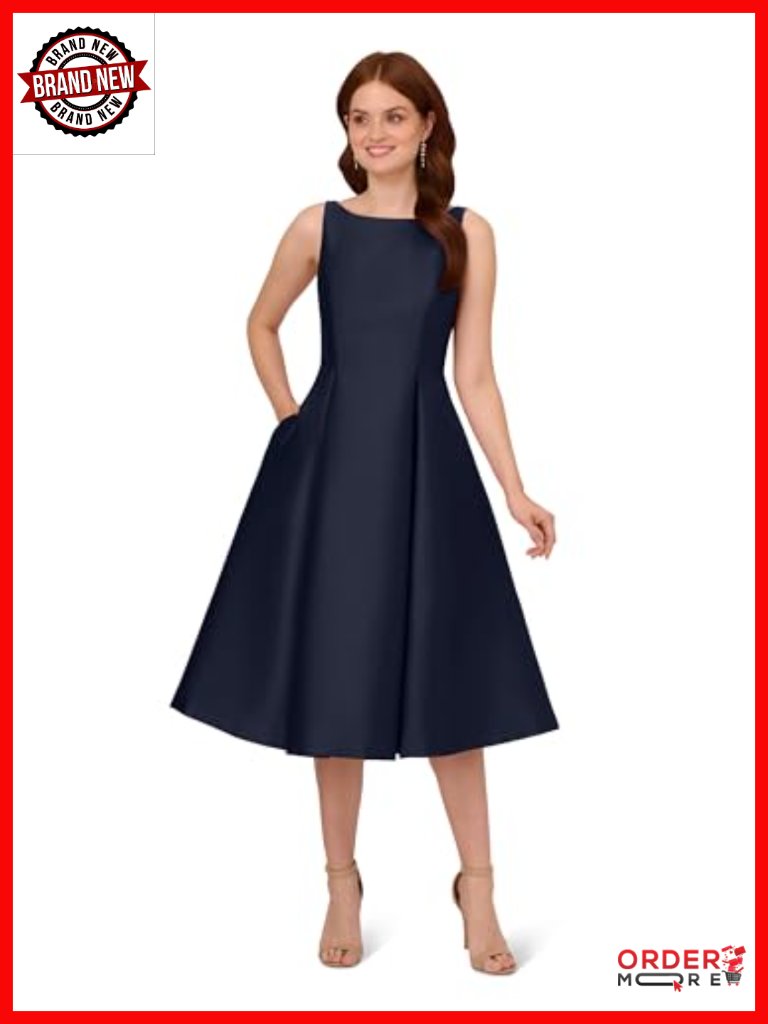 Sleeveless Tea Length Dress With Boat Neckline And Pockets